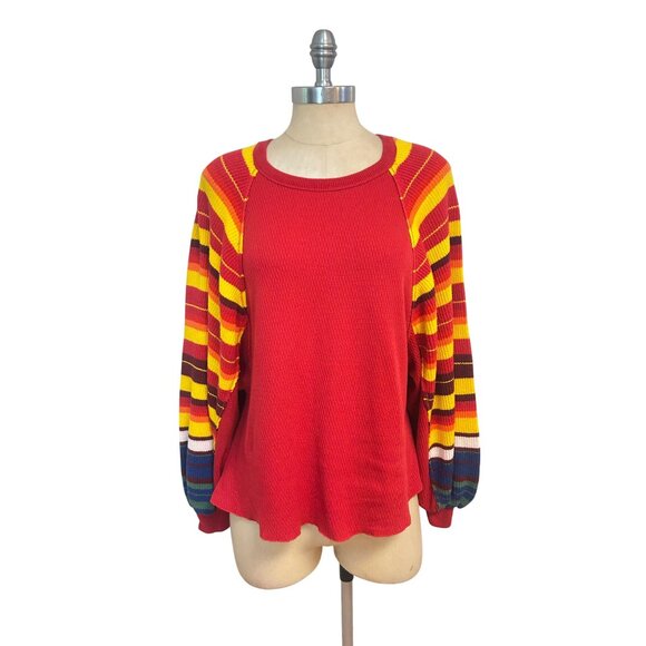 Free People Womens Red Color Block Striped Long Sleeve Jewel Neck Sweater Size X - Picture 4 of 8